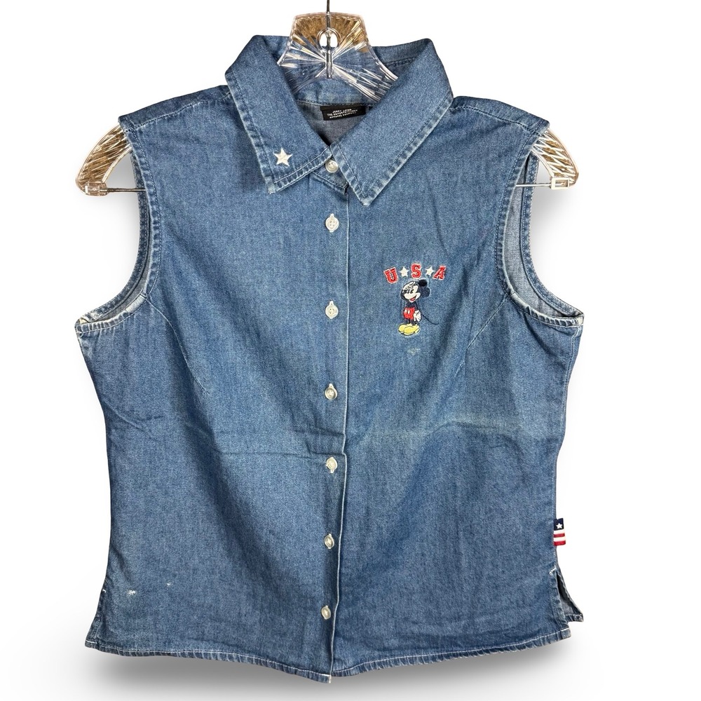 Mickey Unlimited Womens Small Denim Sleeveless Shirt USA Embroidered Top Vintage